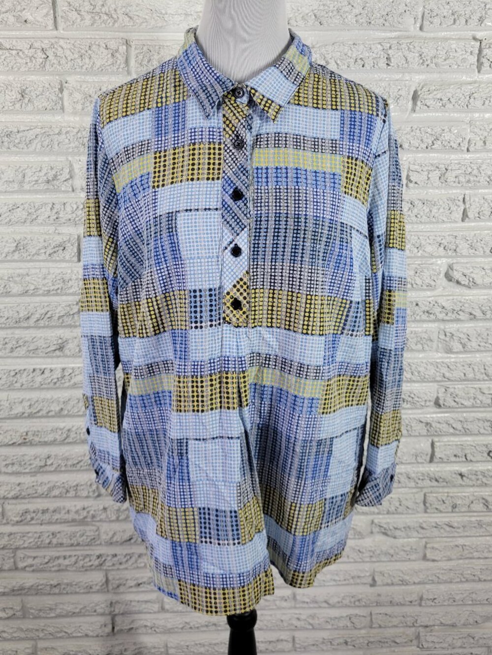 CJ Banks Blue, Yellow & Black Plaid Textured Button-Up Shirt